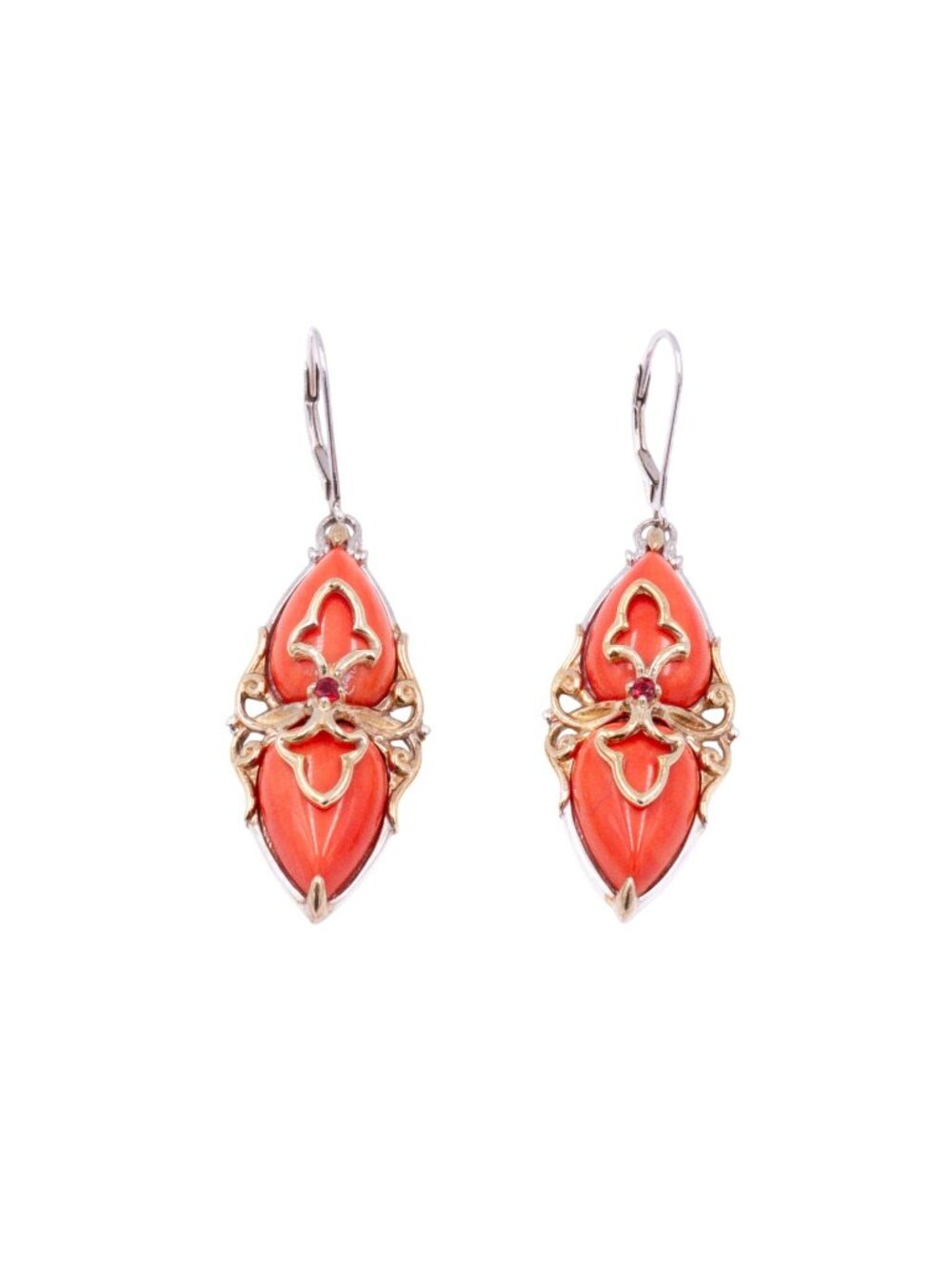 Gems En Vogue Michael Valitutti Red Coral Ruby 925 Two Tone Dangle Earrings